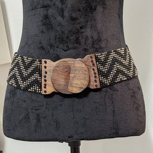 Hand Crafted Glass Bead Belt With Wooden Hook Buckle Black and Silver